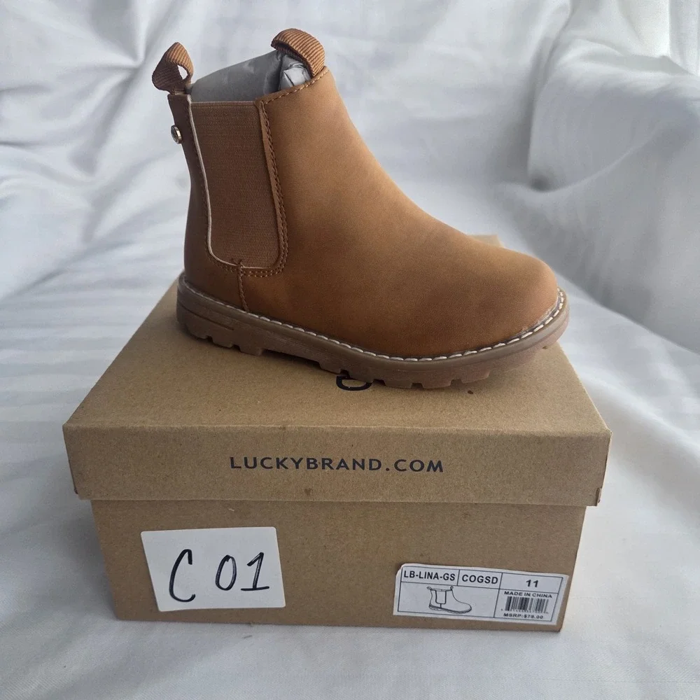 Lucky Brand Kids Basel Chelsea Ankle Boots Tan Brown Side Zip Lug Sole Size 11